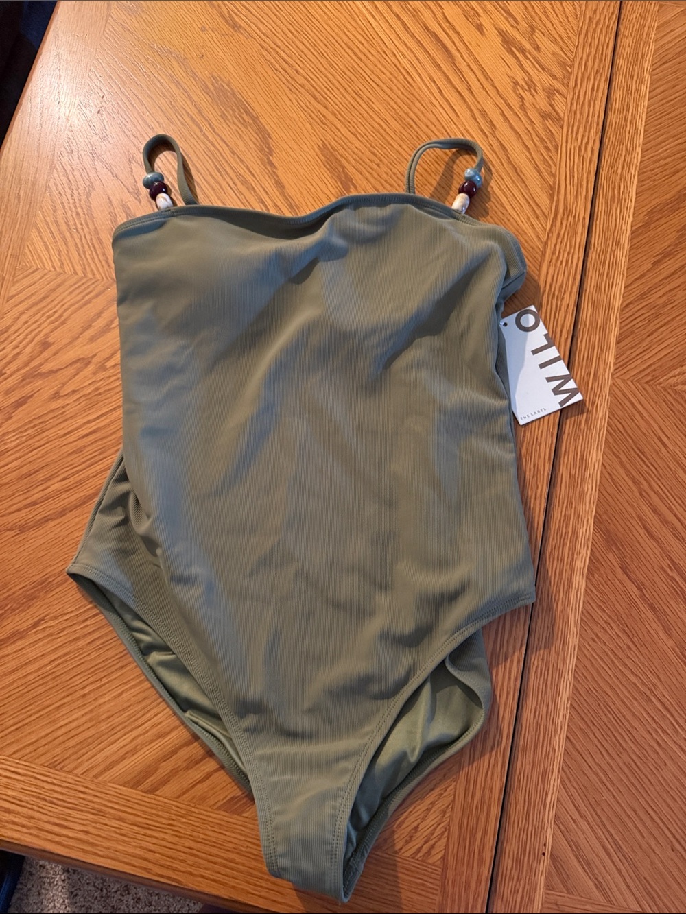 Olive Green One-Piece Swimsuit with Beaded Straps